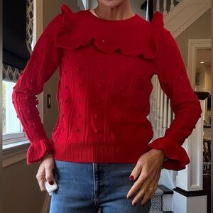 Kate Spade Red Ruffled & Pom Pom sweater